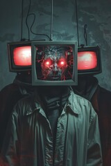 Poster - A man wearing a television head with red glowing eyes, suitable for technology or futuristic concepts