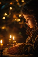 Canvas Print - Young girl sitting in front of a glowing candle, suitable for various uses