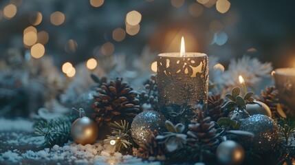 Poster - A lit candle sitting on top of a snow covered ground. Perfect for winter and holiday themes