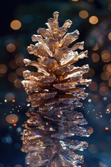 Poster - A close up of a pine cone on a reflective surface. Perfect for nature or holiday-themed designs