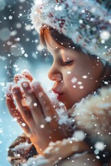 Wall Mural - A young girl blowing snow on her face, perfect for winter concepts