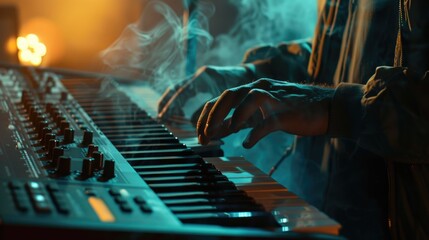 Poster - Close-up of a person playing a keyboard. Suitable for music industry concepts