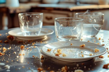 Poster - Table with empty dishes and glasses, perfect for restaurant concepts