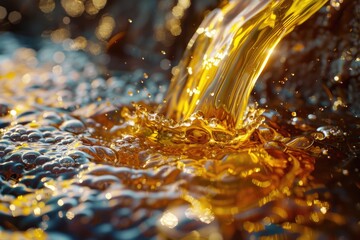 Poster - Close up of liquid pouring out of a bottle, perfect for product or beverage concept