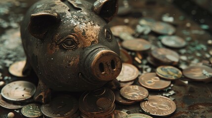 Wall Mural - A piggy bank sitting on top of a pile of coins. Suitable for financial concepts