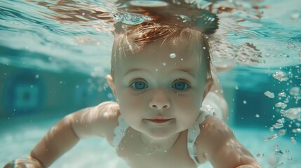 Poster - A baby swimming under water in a pool. Suitable for family, summer, and swimming related designs