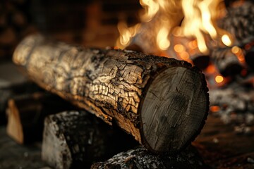 Sticker - A pile of logs in front of a warm fire. Perfect for cozy winter scenes