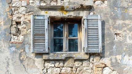 Poster - A window with shutters on a stone wall. Perfect for architectural design projects
