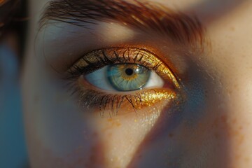 Poster - Close-up of a person's eye with gold glitter, perfect for beauty and fashion projects