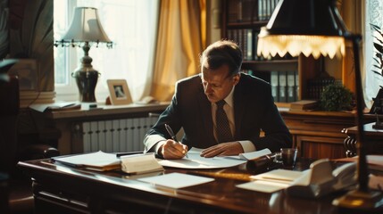 Poster - A man in a suit sitting at a desk writing. Ideal for business and office concepts