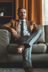 Poster - A man dressed in a suit and tie sitting on a couch. Suitable for business or office-related concepts