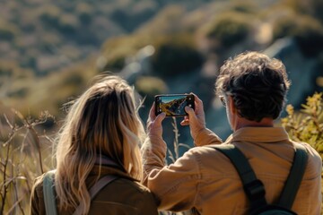 Poster - A man and a woman capturing a scenic mountain vista. Ideal for travel blogs or outdoor adventure websites