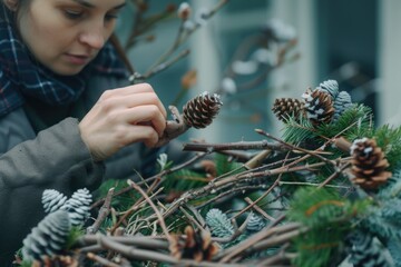 Poster - A woman carefully trimming branches with pine cones. Suitable for gardening or nature-themed designs