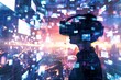 Cyber Reality Interface Through VR Glasses.  Silhouette using VR headset amid digital screens and city backdrop.