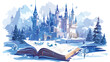 Open Book Winter Castle Watercolor Clipart 2d flat