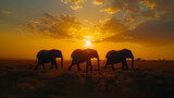 Fototapeta Sawanna -   A group of elephants traverses a dry grassland, surrounded by a cloudy sky The sun sets in the distance