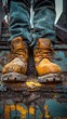 Weathered and Worn Work Boots Trudging Through Rugged Terrain