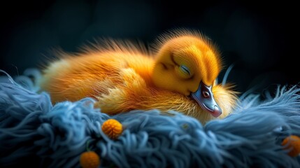 Wall Mural -   A tight shot of a baby duck atop soft, blue-orange feather bed against a black backdrop