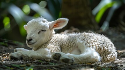 Wall Mural -   A baby lamb reclining on the ground, eyes closed, head rested on its back