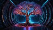 Glowing neon tree of life in data stream tunnel. Futuristic virtual reality concept of interconnectedness and vitality. Symbolism from various spiritual traditions with modern digital aesthetic.