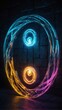Glowing neon yin and yang symbol in data stream tunnel. Futuristic virtual reality concept of balance and harmony. Eastern philosophical symbolism with modern digital aesthetic.