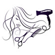 Girl curls hair and scissors comb hairdryer. Design for elephant beauty and hair salon
