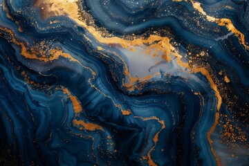 Poster - luxurious natural pattern of blue and gold marble creating an abstract fluid art, suitable for sophi