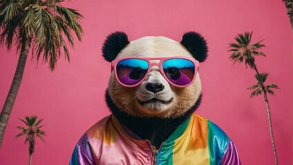 Wall Mural - Illustration of a charming panda flaunts rainbow-hued mirrored sunglasses against a lively pink background.