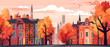 Cartoon drawing of a cozy city in autumn. Illustration with urban landscape.