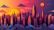 Artistic cityscape illustration with stylized buildings in a sunset palette of pink, purple, and orange tones.