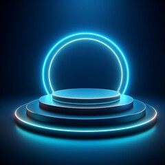 Poster - Glowing neon 3d podium in blue colors 