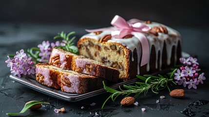   A cake sits atop a metal plate Adjacent, a slice of cake is adorned with a pink bow