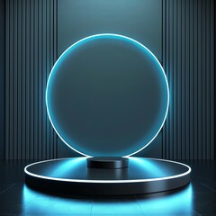 Poster - A futuristic stage bathed in neon blue light, creating an abstract and modern ambiance. This empty