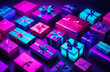 Lots of neon color gift boxes lying on blue background space for text. Discount sale background.