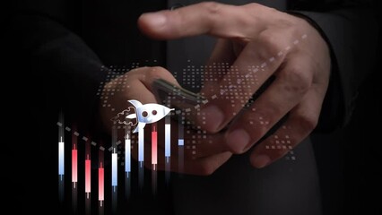 Poster - Sustained financial growth is characterized by a flying rocket above the Chinese candlestick chart against the backdrop of a businessman counting one hundred US dollar bills with his hands. Cg