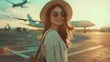At the moment of departure, a woman stands outside airport, watching plane take off. Her face is lit up with joy, and her heart feels flight without even rising into air. Concept travel, travel, rest