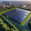 solar panels floating on the city's waterways, harnessing solar energy to power the smart city while conserving land resources.