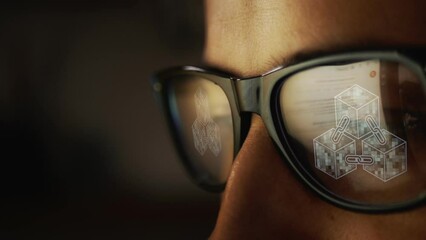 Poster - The search for information on the Internet is reflected in glasses and animated footage with a symbol of blockchain technology appears on the glasses. The concept of introducing AI. Cg