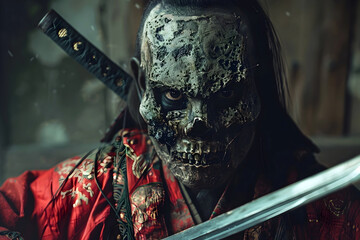 Sticker - Samurai Warrior Battles Cursed Zombie Fate in Shadowy Cinematic Encounter