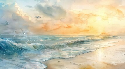 Wall Mural - Painting of Beach in the Sunset