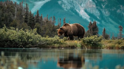 Wall Mural - Brown Bear Hunting In the River in the Mountain Landscape