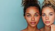 Multiracial of cosmetic beauty care. Beautiful very attractive two models 20 year old women take care of skin, pastel light blue background. Generative ai