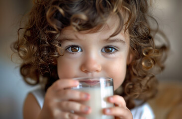 Wall Mural - A cute child drinking milk from a glass, with curly hair and brown eyes in a closeup shot of the face.