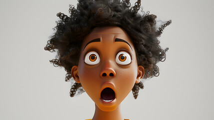 Wall Mural - Surprised shocked scared African cartoon character young adult woman female girl person with big eyes in 3d style design on light background. Human people feelings expression concept