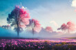 ピンク　木　霧　幻想的　自然　光　景色　夢幻