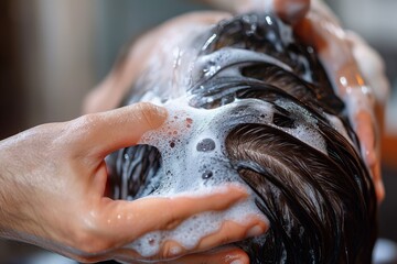 Close-up view of shampooed hair, hands expertly massaging the scalp in a circular motion for a deep clean.