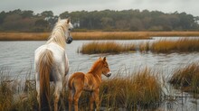   A Horse And Its Foal Graze In Tall Grass Beside A Tranquil Body Of Water Trees Line The Backdrop