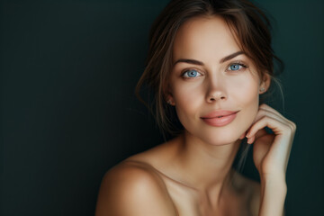 Wall Mural - Portrait of a Serene Young Woman with Blue Eyes and Healthy Skin on Dark Background
