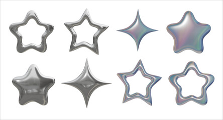  set of metal shapes with rainbow refraction, y2k style, stars