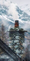 Poster - Stone cottage chimney, close up, smoke rising, snowy mountain backdrop 